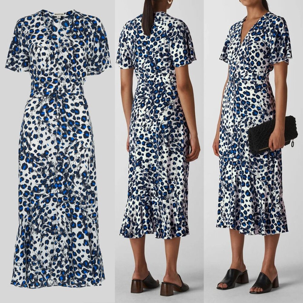 Whistles Bloomingdale’s Brushed Leopard Button Dress 6 Midi Flutter Sleeves $339